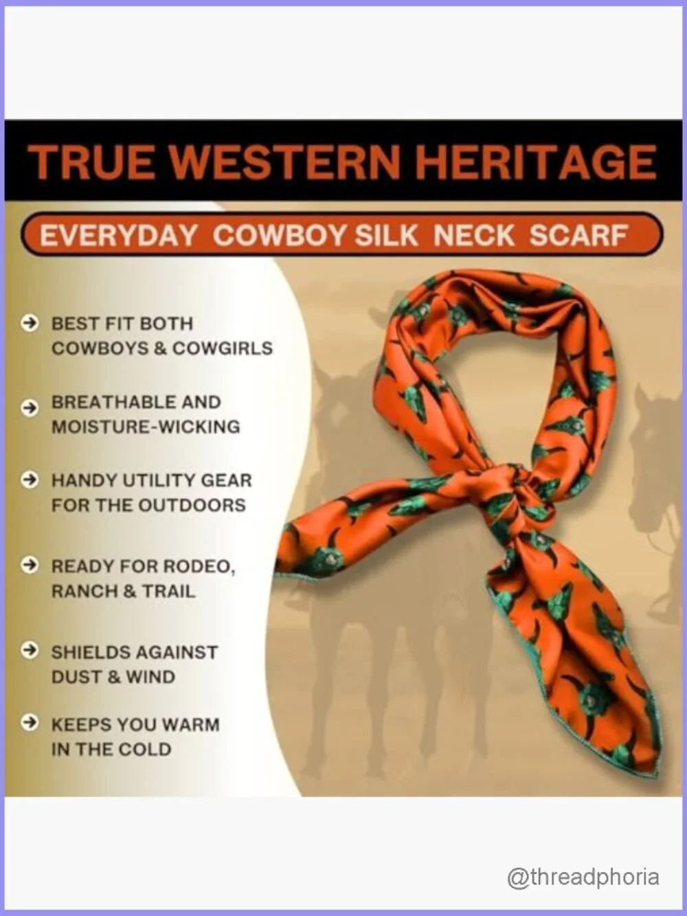 36 Inch Square Silk Blend Cow Skull Print Scarf Wild Rag